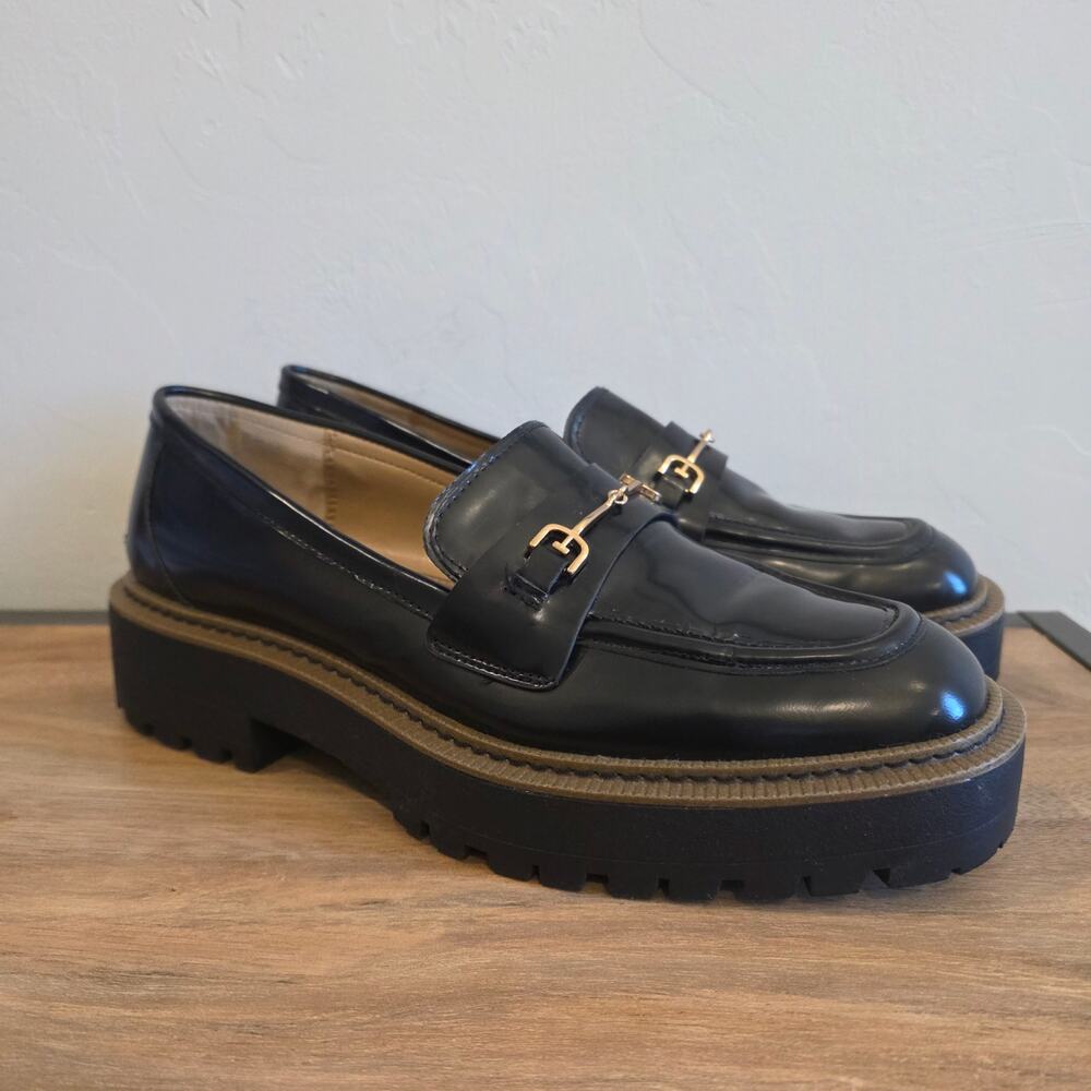 Sam Edelman Laurs Loafers Womens 10 Black Leather Gold Bit Lug Sole Platform